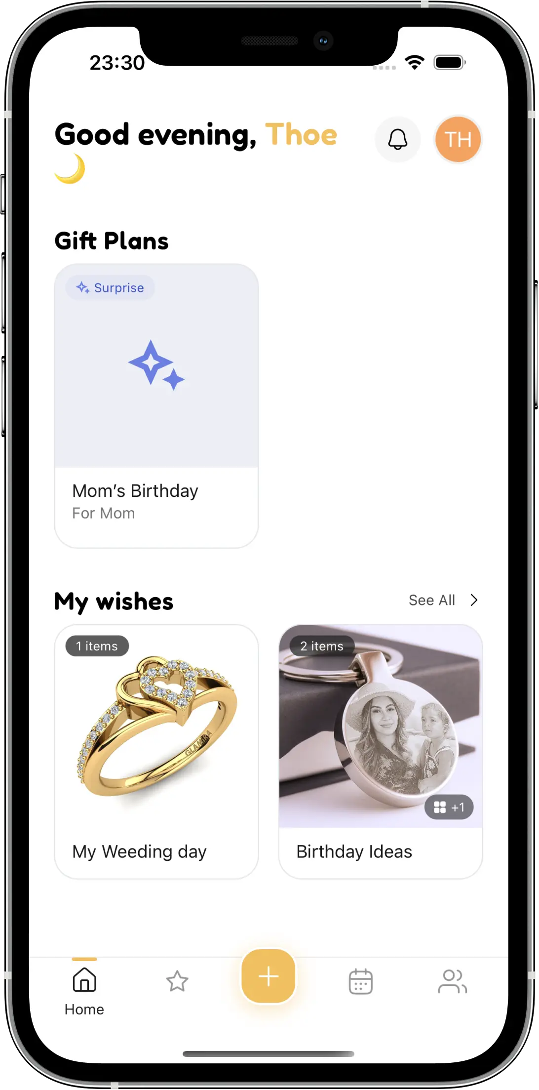 Farha wishlist app showing birthday and Christmas gift collections with group gifting features